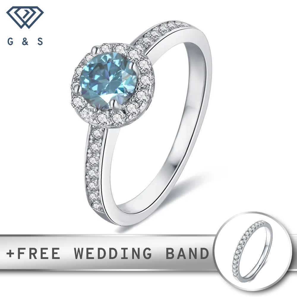 A sterling silver engagement ring featuring a 0.50ct blue moissanite center stone surrounded by a sparkling pave halo.