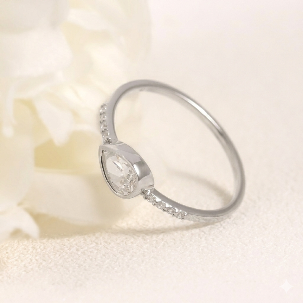 Pear Cut Moissanite Bezel Stacking Ring in Sterling Silver