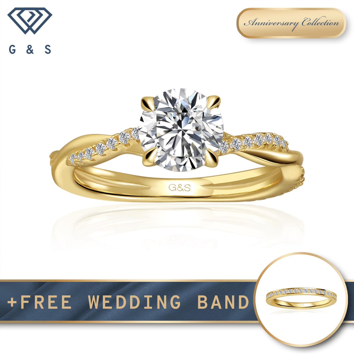 Timeless Infinity Round Brilliant Moissanite Engagement Ring - 18ct Yellow Gold Plated