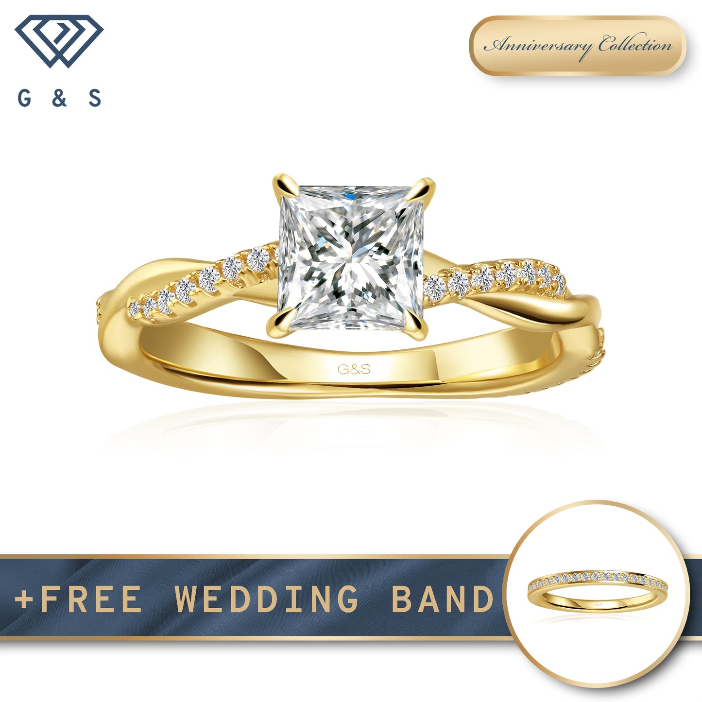 Timeless Infinity Princess Cut Moissanite Engagement Ring - 18ct Yellow Gold Plated