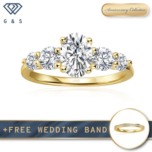 Eternal Brilliance Five-Stone Oval Cut Moissanite Engagement Ring - 18ct Yellow Gold Plated
