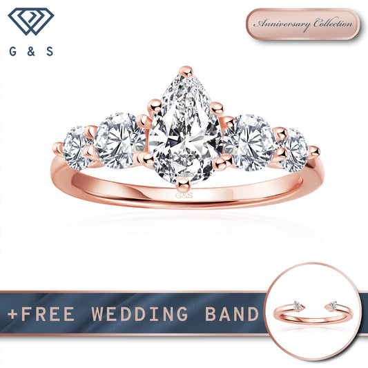 Eternal Brilliance Five-Stone Pear Shape Moissanite Engagement Ring - 18ct Rose Gold Plated
