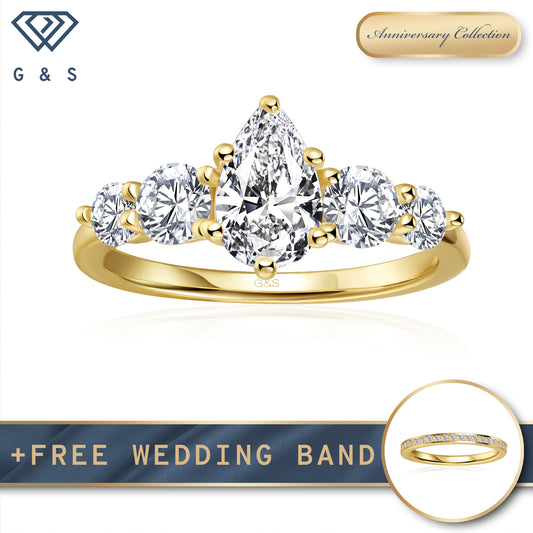 Eternal Brilliance Five-Stone Pear Shape Moissanite Engagement Ring - 18ct Yellow Gold Plated