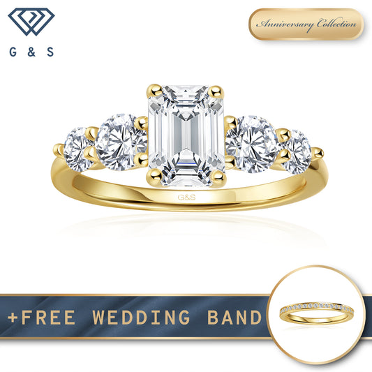 Eternal Brilliance Five-Stone Emerald Cut Moissanite Engagement Ring - 18ct Yellow Gold Plated