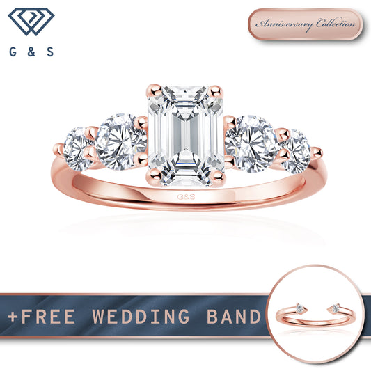 Eternal Brilliance Five-Stone Emerald Cut Moissanite Engagement Ring - 18ct Rose Gold Plated