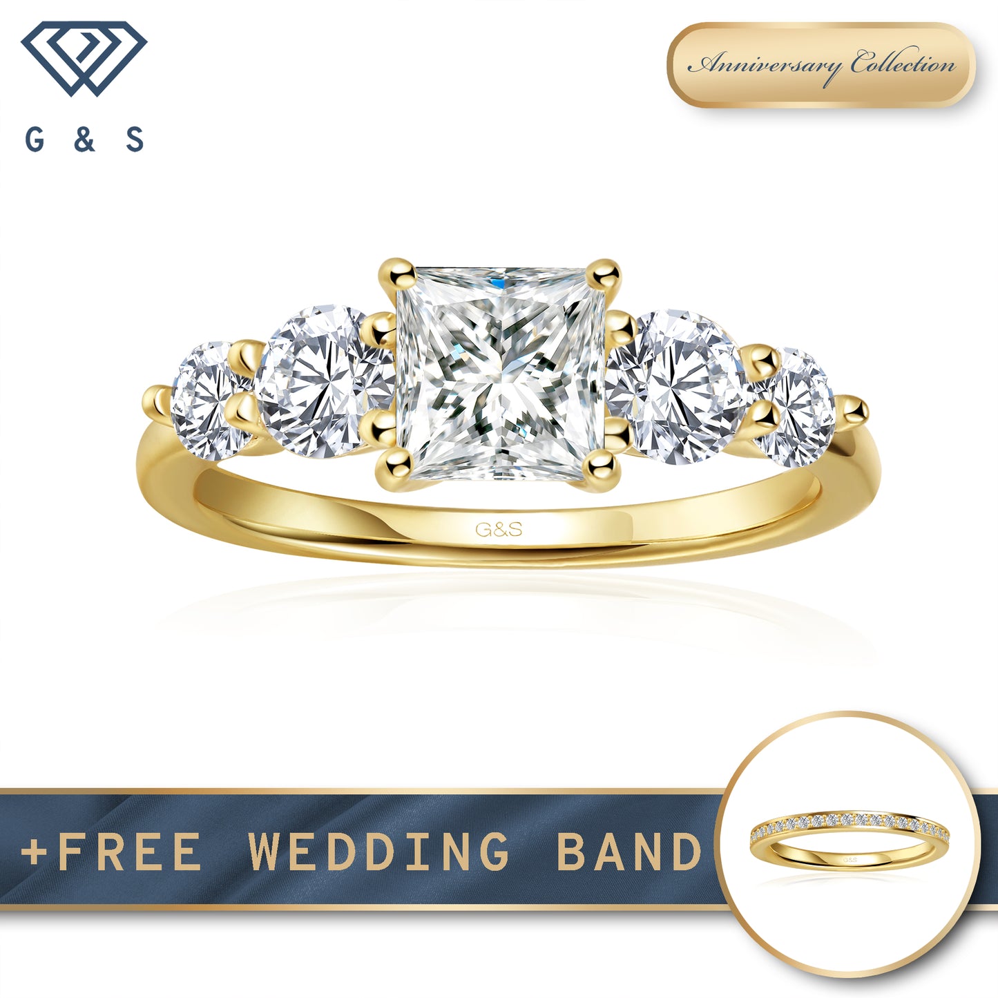 Eternal Brilliance Five-Stone Princess Cut Moissanite Engagement Ring - 18ct Yellow Gold Plated