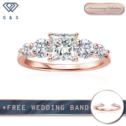 Eternal Brilliance Five-Stone Princess Cut Moissanite Engagement Ring - 18ct Rose Gold Plated