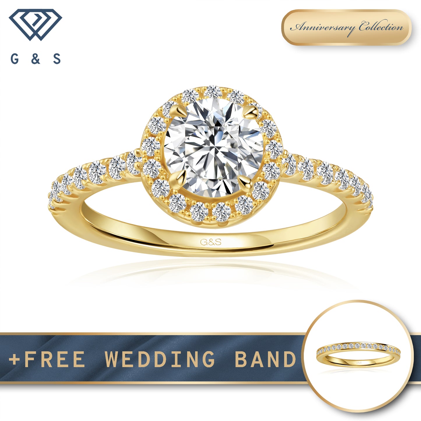 Forever Classic Halo Round Brilliant Moissanite Engagement Ring - 18ct Yellow Gold Plated
