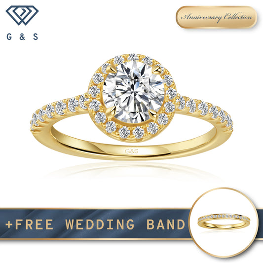 Forever Classic Halo Round Brilliant Moissanite Engagement Ring - 18ct Yellow Gold Plated