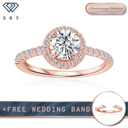 Forever Classic Halo Round Brilliant Moissanite Engagement Ring - 18ct Rose Gold Plated