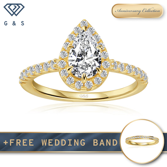 Forever Classic Halo Pear Shape Moissanite Engagement Ring - 18ct Yellow Gold Plated