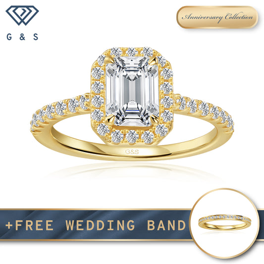 Forever Classic Halo Emerald Cut Moissanite Engagement Ring - 18ct Yellow Gold Plated