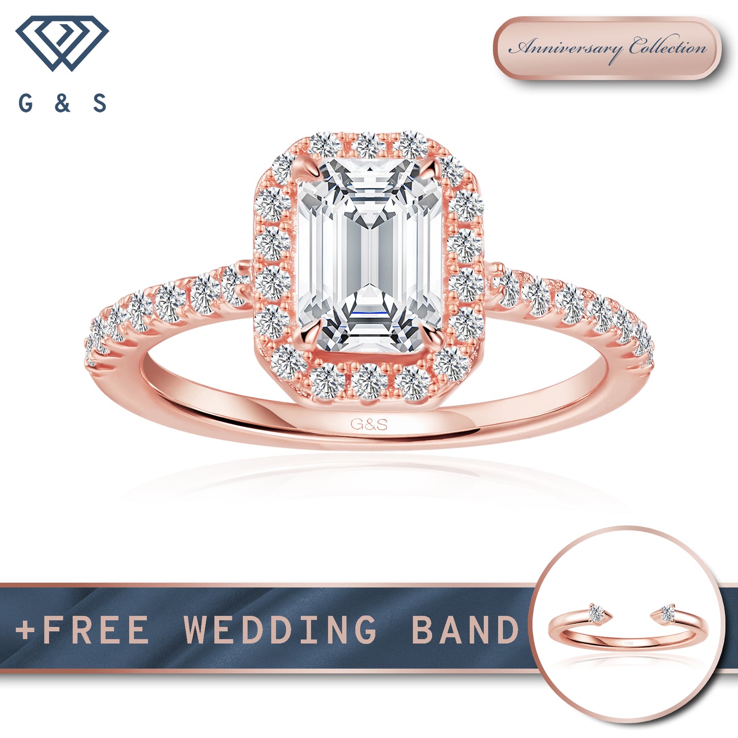 Forever Classic Halo Emerald Cut Moissanite Engagement Ring - 18ct Rose Gold Plated