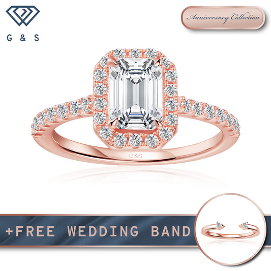 Forever Classic Halo Emerald Cut Moissanite Engagement Ring - 18ct Rose Gold Plated