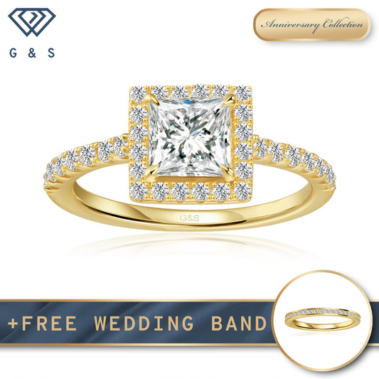 Forever Classic Halo Princess Cut Moissanite Engagement Ring - 18ct Yellow Gold Plated
