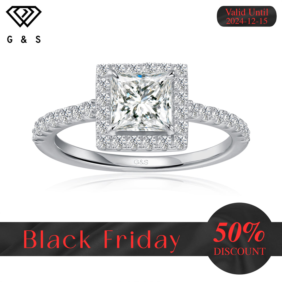 Forever Classic Halo Princess Cut Moissanite Engagement Ring Black F