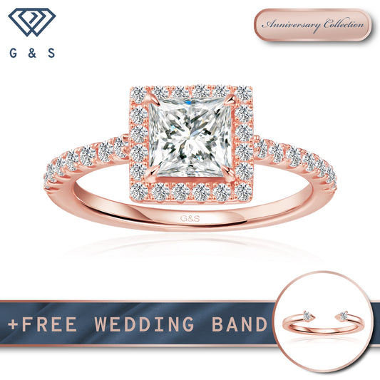 Forever Classic Halo Princess Cut Moissanite Engagement Ring - 18ct Rose Gold Plated
