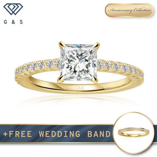 Hidden Elegance Princess Cut Moissanite Engagement Ring - 18ct Yellow Gold Plated