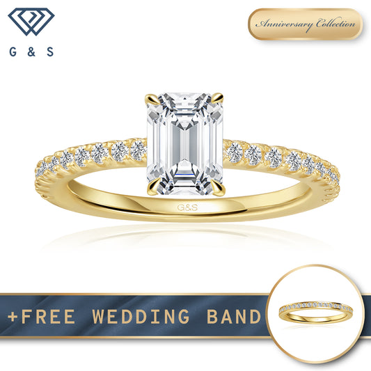 Hidden Elegance Emerald Cut Moissanite Engagement Ring - 18ct Yellow Gold Plated
