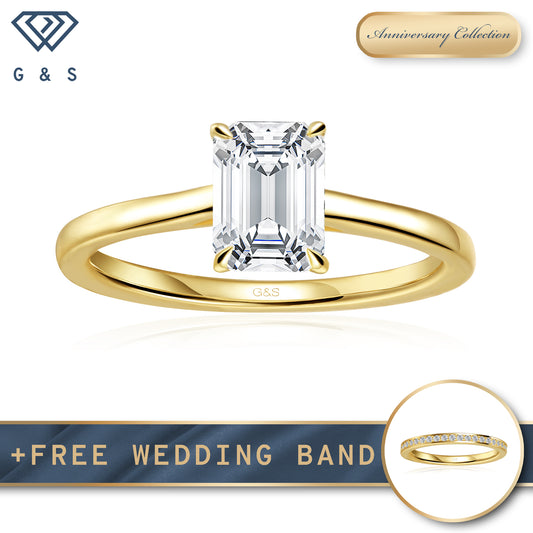 Secret Sparkle Hidden Halo Emerald Cut Moissanite Engagement Ring - 18ct Yellow Gold Plated