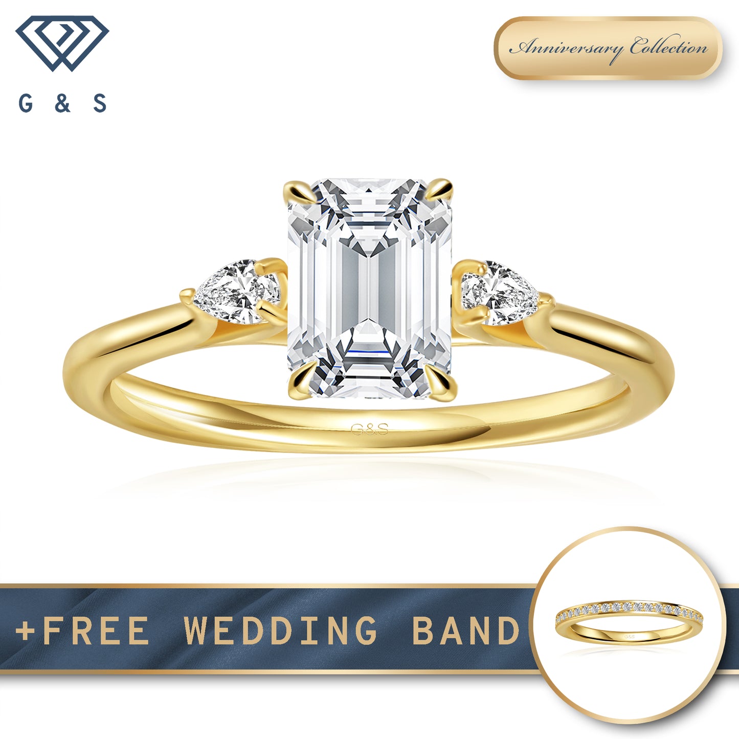 Infinite Love Trilogy Emerald Cut Moissanite Engagement Ring - 18ct Yellow Gold Plated