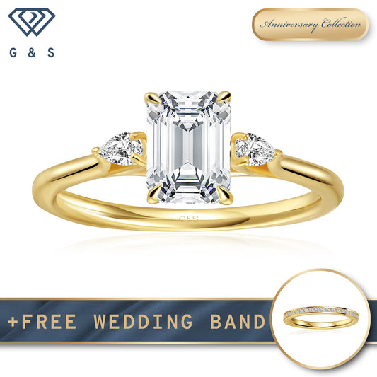 Infinite Love Trilogy Emerald Cut Moissanite Engagement Ring - 18ct Yellow Gold Plated