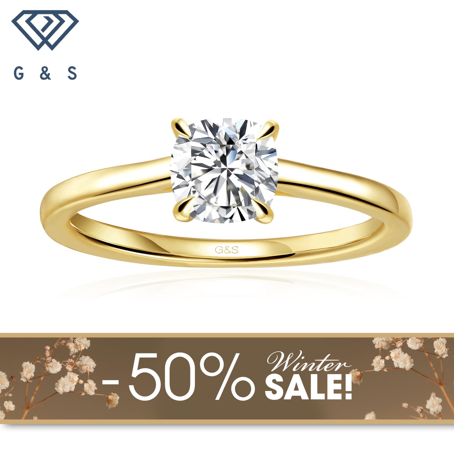 Secret Sparkle Hidden Halo Cushion Cut Moissanite Engagement Ring - 18ct Yellow Gold Plated - Winter Sale