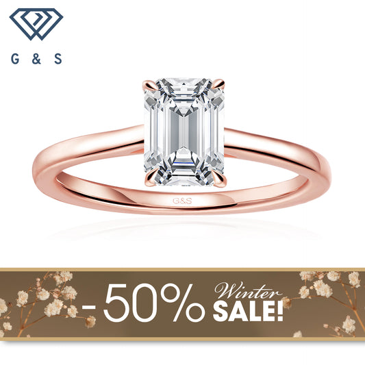 Secret Sparkle Hidden Halo Emerald Cut Moissanite Engagement Ring - 18ct Rose Gold Plated - Winter Sale