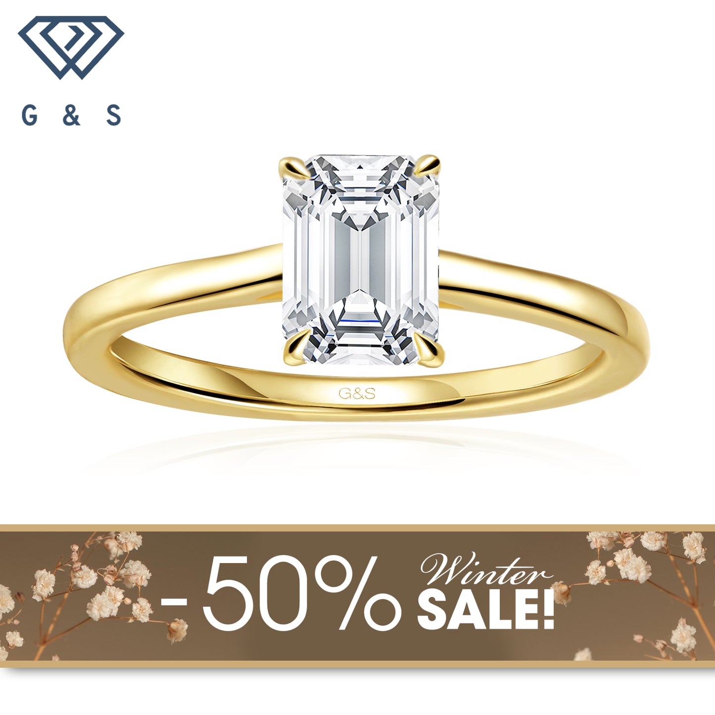 Secret Sparkle Hidden Halo Emerald Cut Moissanite Engagement Ring - 18ct Yellow Gold Plated - Winter Sale