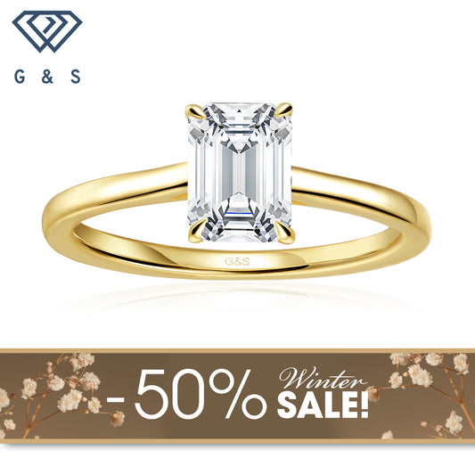 Secret Sparkle Hidden Halo Emerald Cut Moissanite Engagement Ring - 18ct Yellow Gold Plated - Winter Sale
