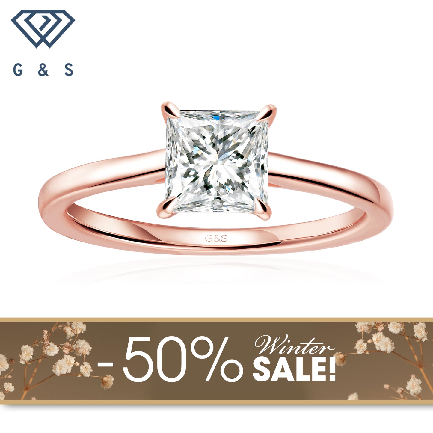 Secret Sparkle Hidden Halo Princess Cut Moissanite Engagement Ring - 18ct Rose Gold Plated - Winter Sale