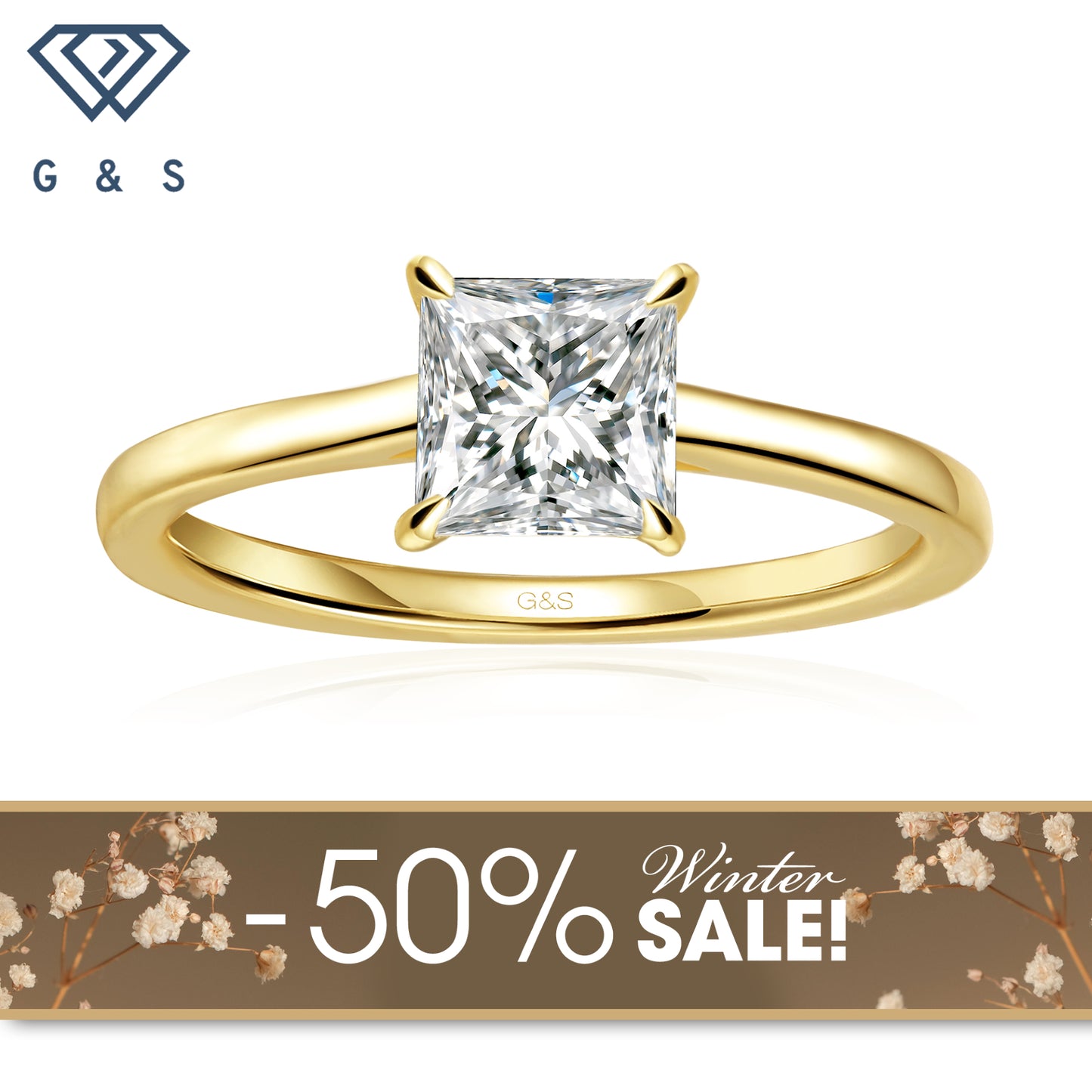 Secret Sparkle Hidden Halo Princess Cut Moissanite Engagement Ring - 18ct Yellow Gold Plated - Winter Sale