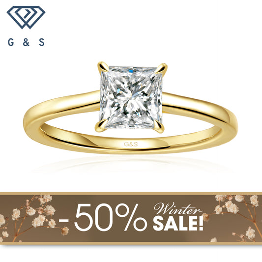 Secret Sparkle Hidden Halo Princess Cut Moissanite Engagement Ring - 18ct Yellow Gold Plated - Winter Sale