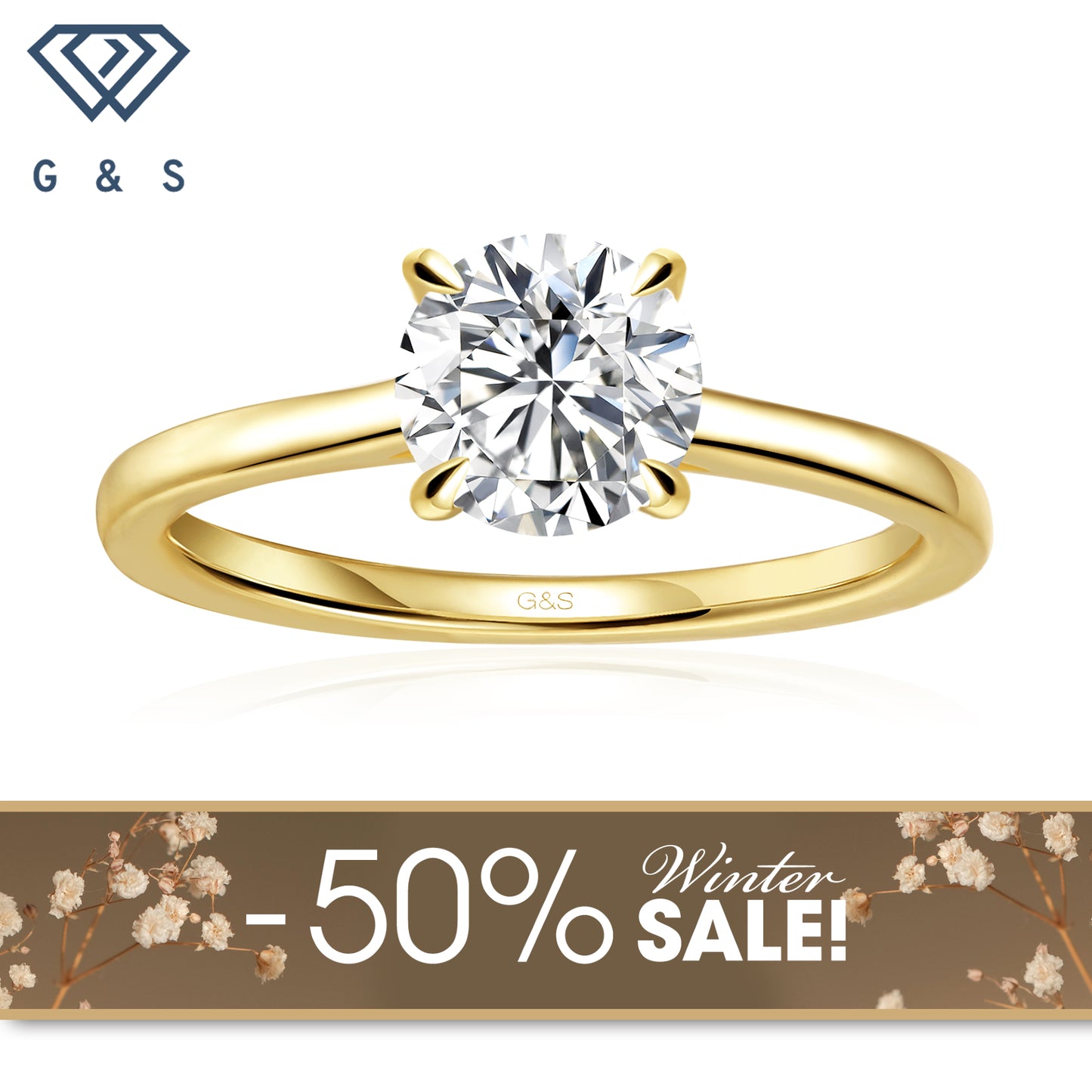 Secret Sparkle Hidden Halo Round Brilliant Moissanite Engagement Ring - 18ct Yellow Gold Plated - Winter Sale