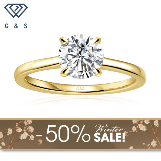 Secret Sparkle Hidden Halo Round Brilliant Moissanite Engagement Ring - 18ct Yellow Gold Plated - Winter Sale