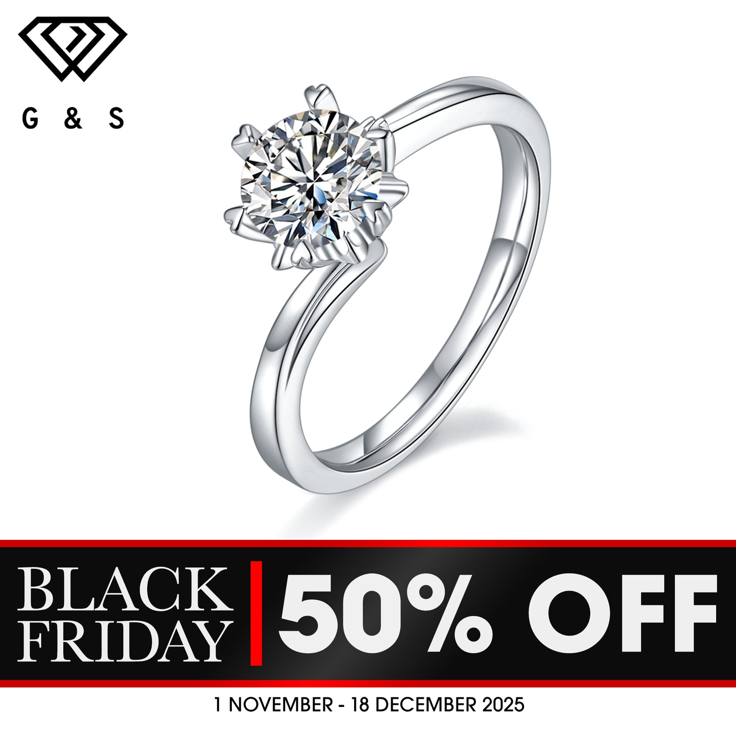 Snowflake Solitaire 6 Claws 1.00ct Moissanite Engagement Ring Set in Sterling Silver - BLACKFRIDAY