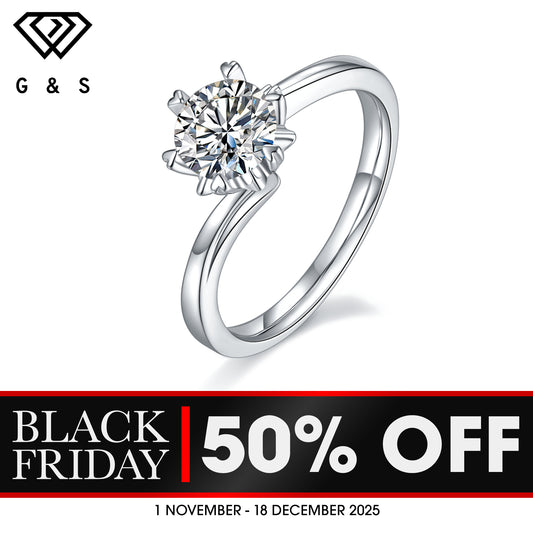 Snowflake Solitaire 6 Claws 1.00ct Moissanite Engagement Ring Set in Sterling Silver - BLACKFRIDAY