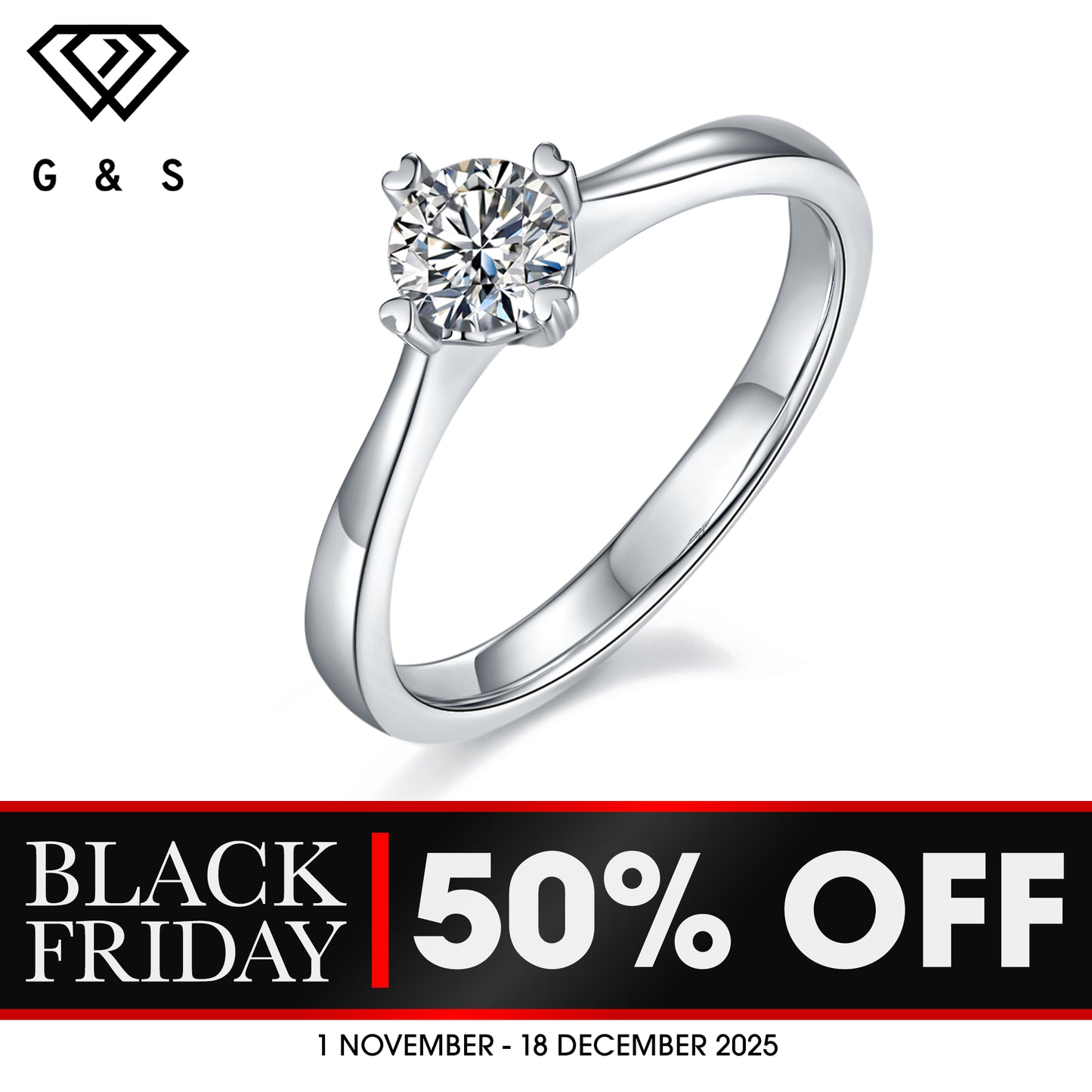 Solitaire 4 Heart Shaped Claws 0.50ct Moissanite Engagement Ring Set in Sterling Silver -BLACKFRIDAY