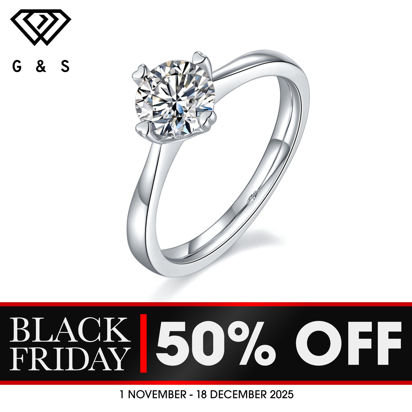 Solitaire 4 Heart Shaped Claws 1.00ct Moissanite Engagement Ring Set in Sterling Silver - BLACKFRIDAY