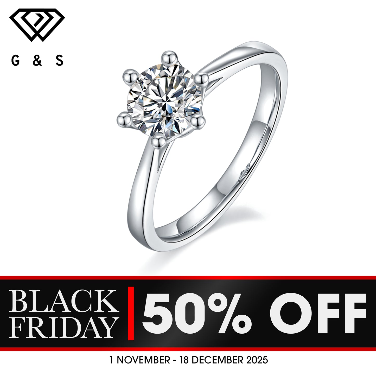 Solitaire 6 Claw Floral Basket 1.00ct Moissanite Engagement Ring Set in Sterling Silver - BLACKFRIDAY