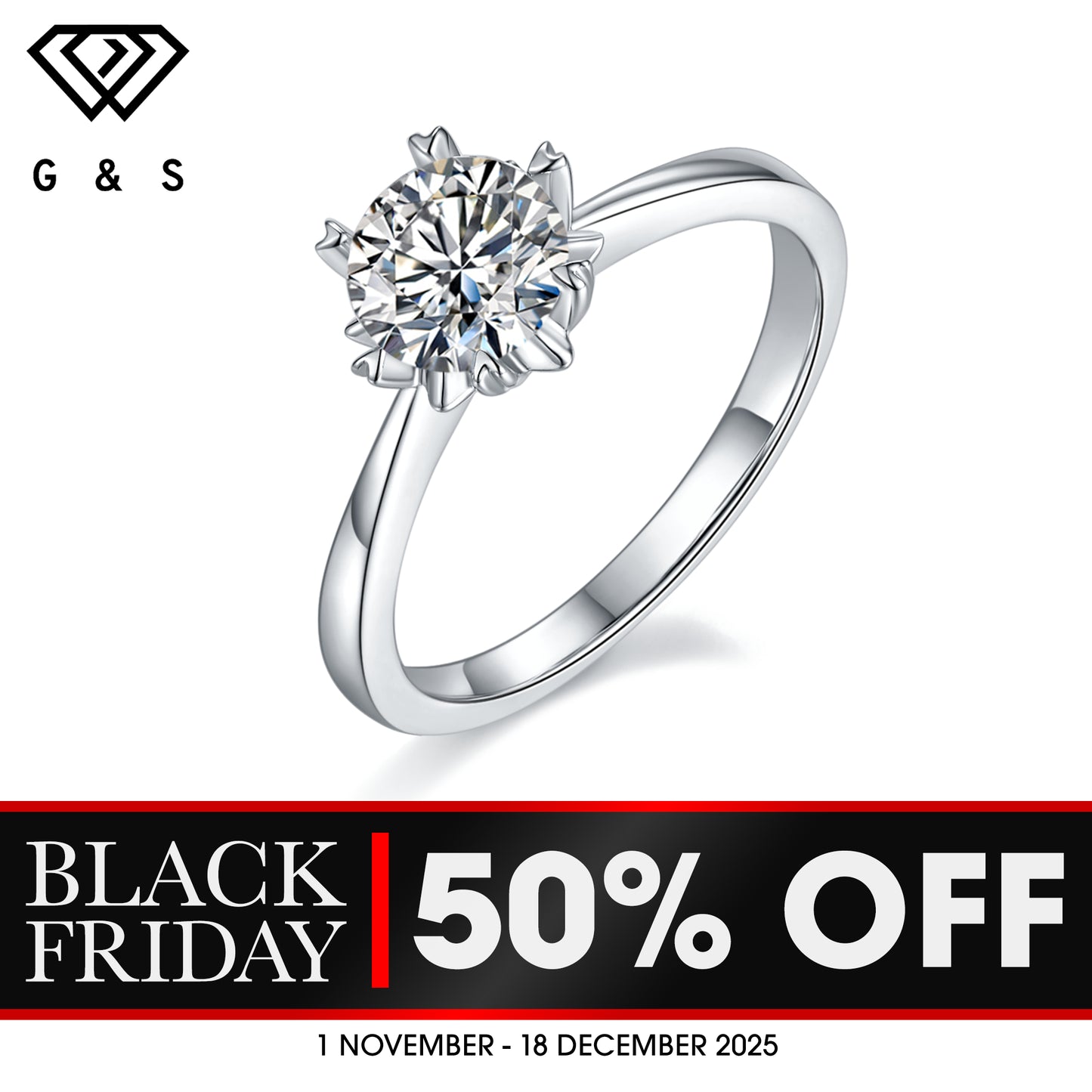 Solitaire 6 Heart Shaped Claws 1.00ct Moissanite Engagement Ring Set in Sterling Silver - BLACKFRIDAY