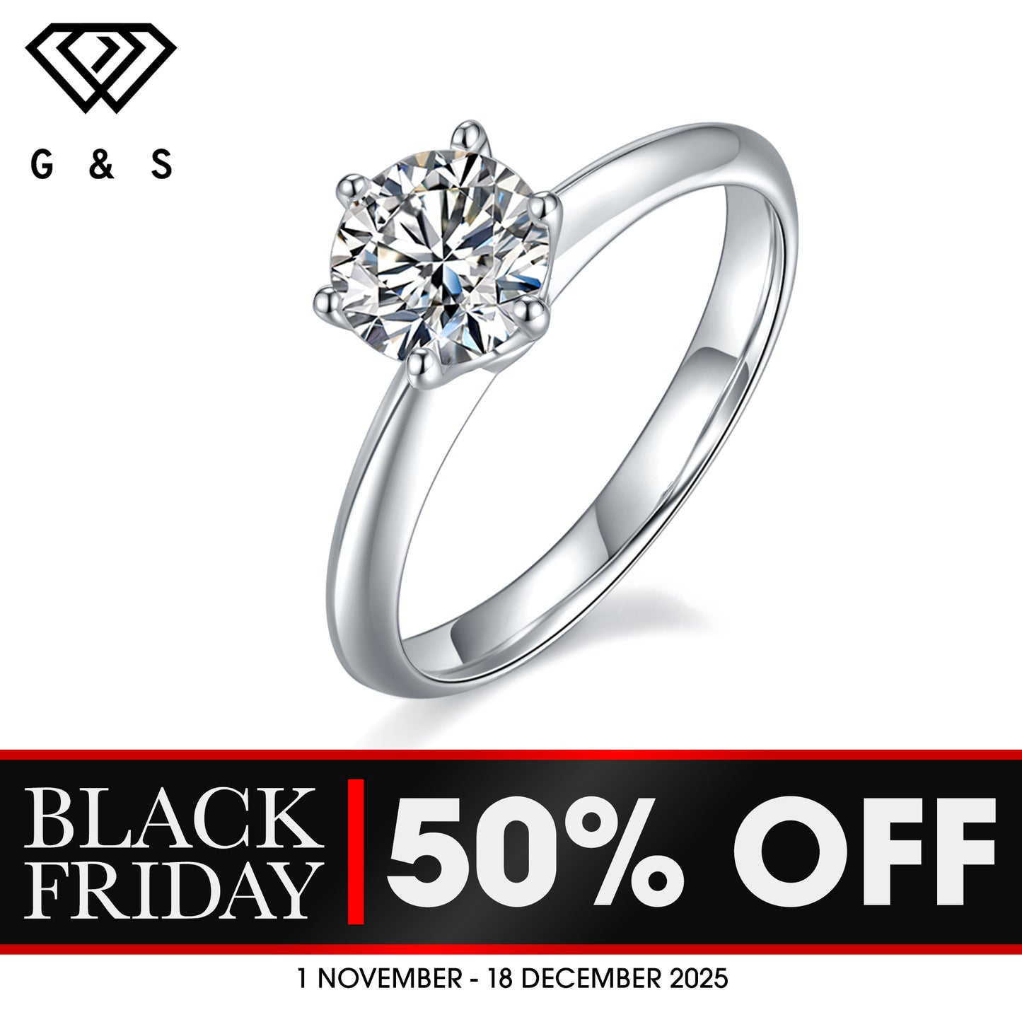 Solitaire Tiffany 6 Claw Setting 1.00ct Moissanite Engagement Ring Set in Sterling Silver - BLACKFRIDAY