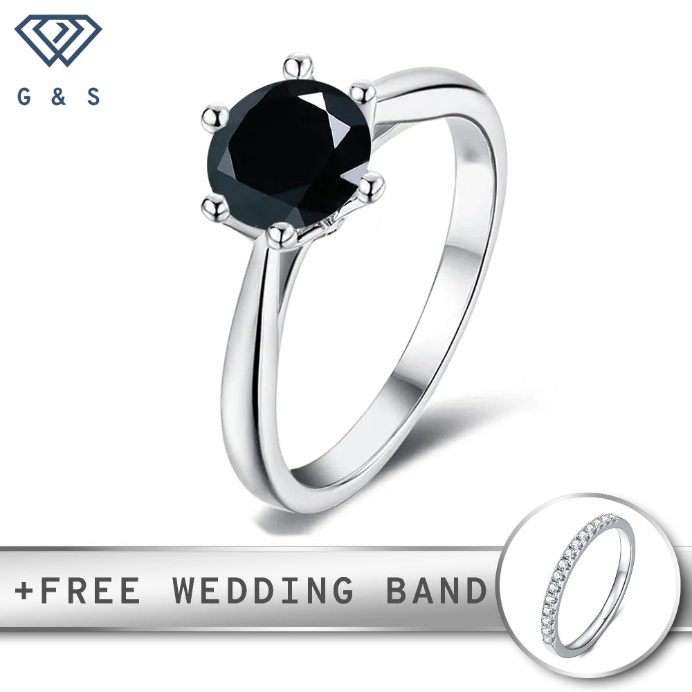 A unique 1.00ct black moissanite engagement ring featuring a 6-claw setting with a delicate floral basket design, crafted in sterling silver.