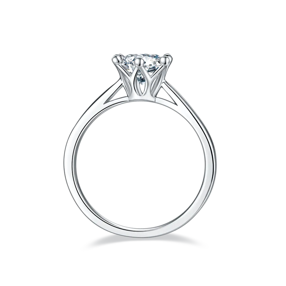 This ring showcases a dazzling 1.00ct moissanite solitaire in a charming sterling silver setting, featuring six claws arranged in a floral basket design.