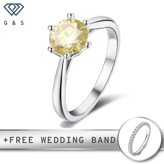 A classic 6-claw floral basket setting showcases a vibrant yellow moissanite in this elegant sterling silver engagement ring.
