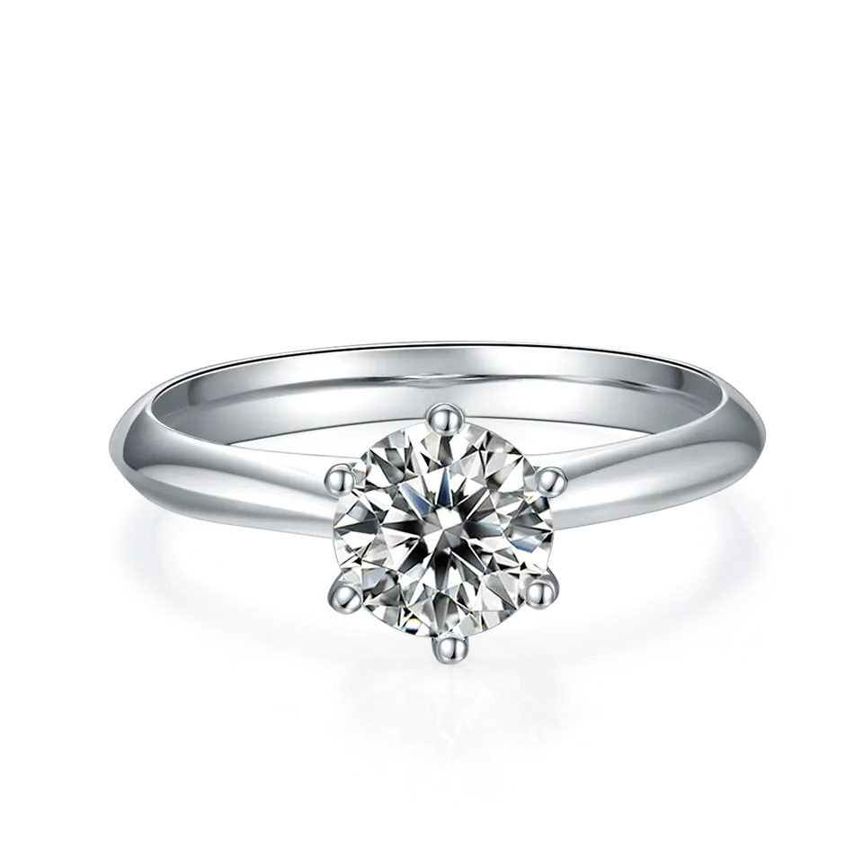 A simple and elegant sterling silver engagement ring with a brilliant 1.00ct moissanite held securely by six prongs.