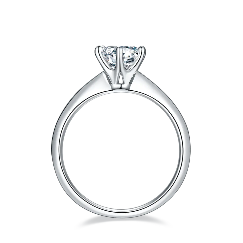 A sterling silver ring showcasing a 1.00ct moissanite in a classic Tiffany-inspired 6-prong setting.