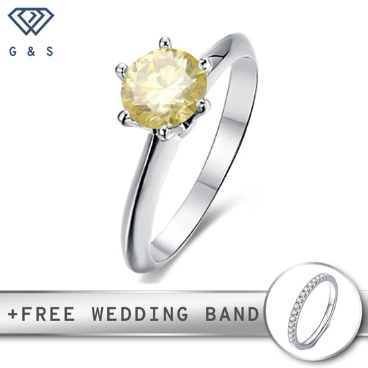 A classic sterling silver engagement ring with a 1.00ct round yellow moissanite in a traditional six-prong Tiffany setting.