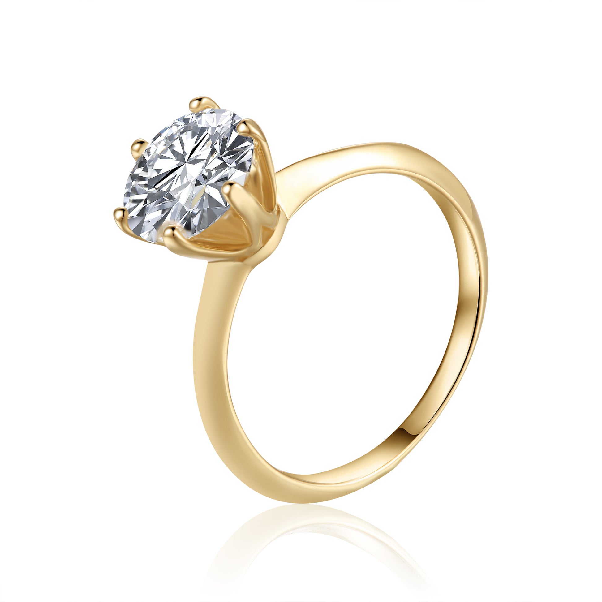 A full view of the engagement ring, highlighting the impressive size of the 3.00ct moissanite and the elegant simplicity of the Tiffany 6-claw setting in rich 9ct yellow gold.