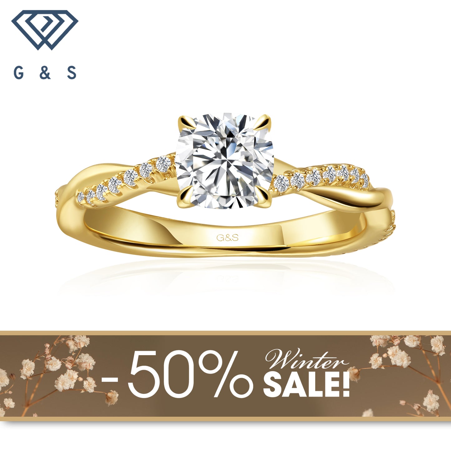 Timeless Infinity Cushion Cut Moissanite Engagement Ring - 18ct Yellow Gold Plated - Winter Sale